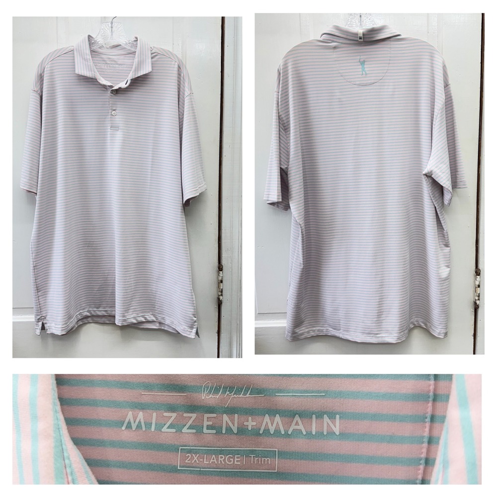 Mizzen + Main Mens 2XL Phil Mickelson Trim Fit Pink Blue Striped Golf Polo Shirt